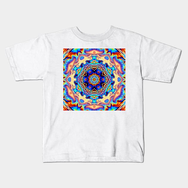 Psychedelic Kaleidoscope Flower Blue Green and Orange Kids T-Shirt by WormholeOrbital